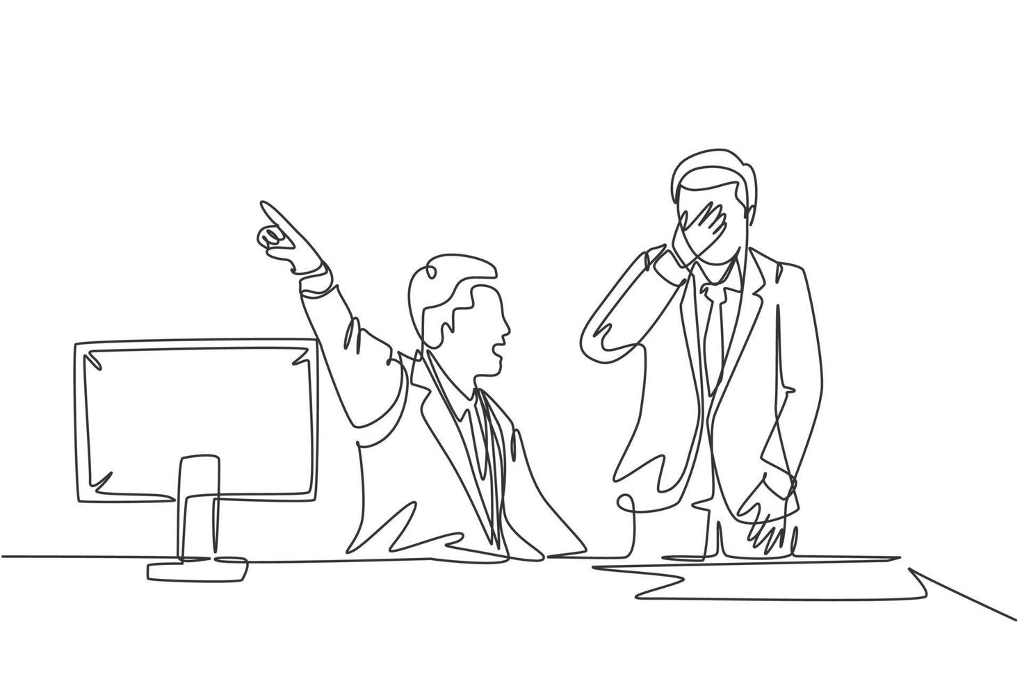 Single continuous line drawing of young angry manager yelling and drive away his crying male staff out of the room. Job office dismissal concept one line draw design graphic vector illustration