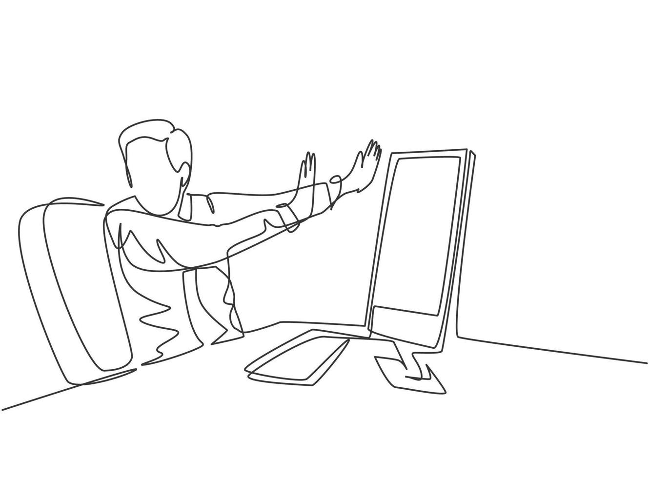 One continuous line drawing of young frightened businessman keep of himself from monitor computer because of traumatize. Work psychological concept single line draw design graphic vector illustration