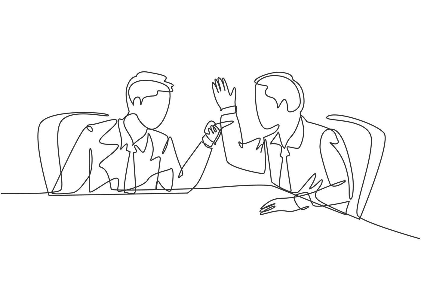 One single line drawing of young angry businessman pointing finger to his shouting colleague then they blaming each others. Business problem concept continuous line draw design vector illustration