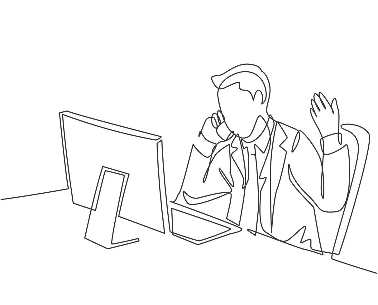 One continuous line drawing of young male employee get call from his manager and asking to explain sales dropped. Sales decrease problem concept single line draw design graphic vector illustration