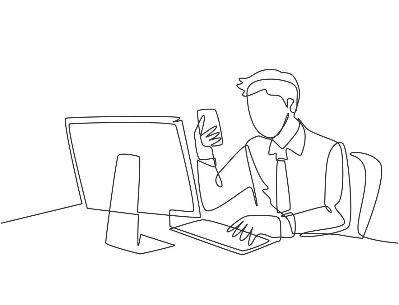 Single continuous line drawing of young manager typing message on smartphone and sending it to his colleague while siting at the office. Text messaging concept one line draw design vector illustration