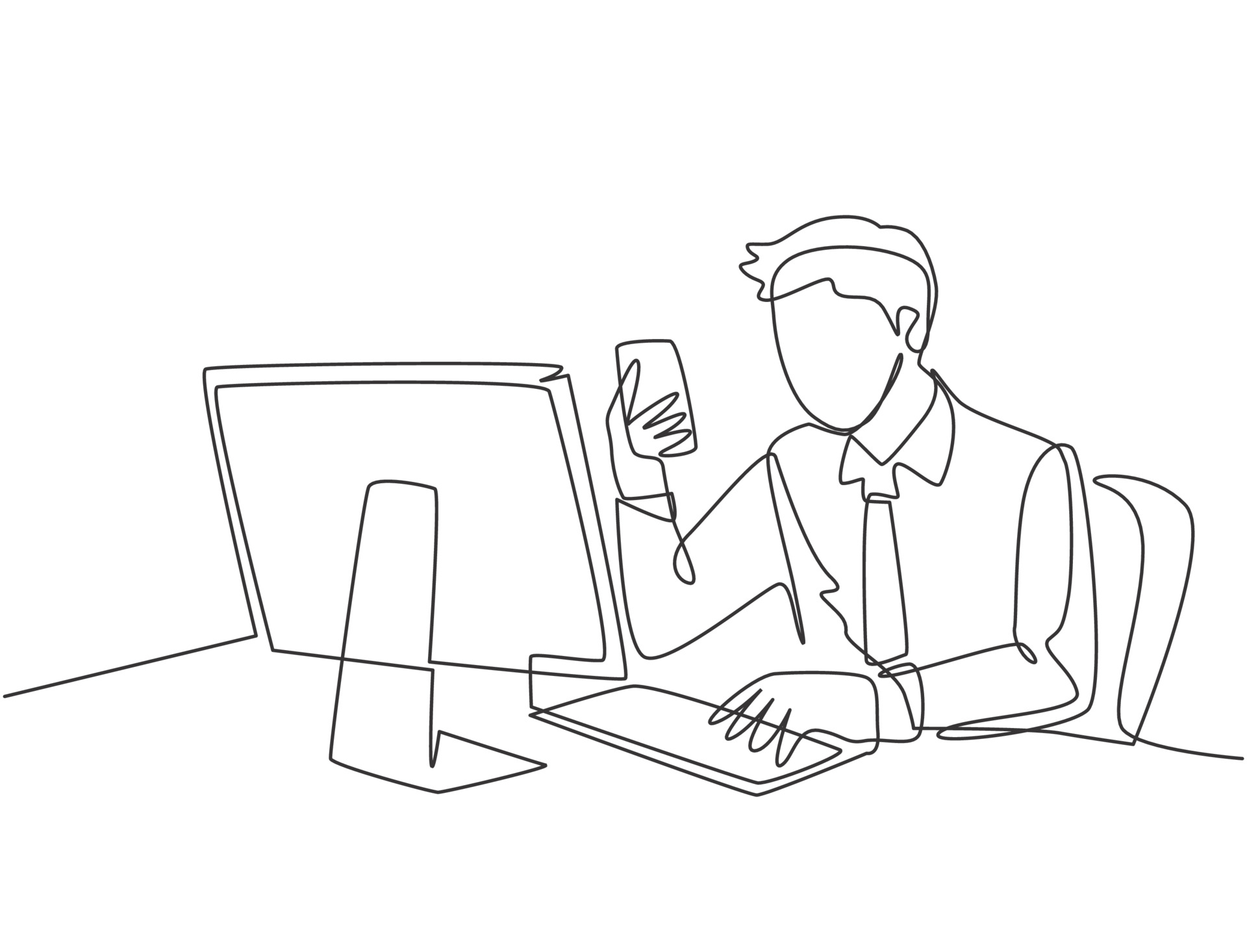 Single continuous line drawing of young manager typing message on