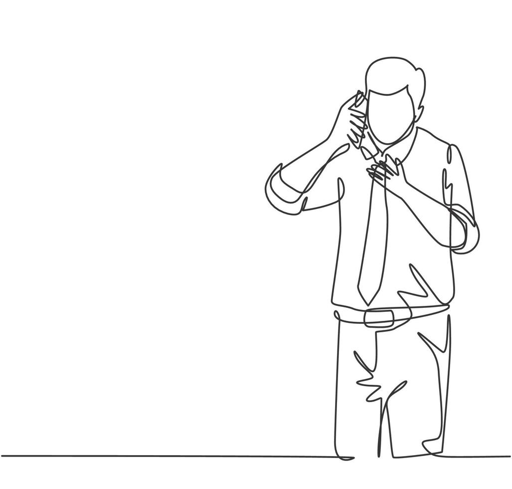 One continuous line drawing of young male business owner get a phone call from his supplier to tell supply delivery schedule. Business call concept. Single line draw design graphic vector illustration
