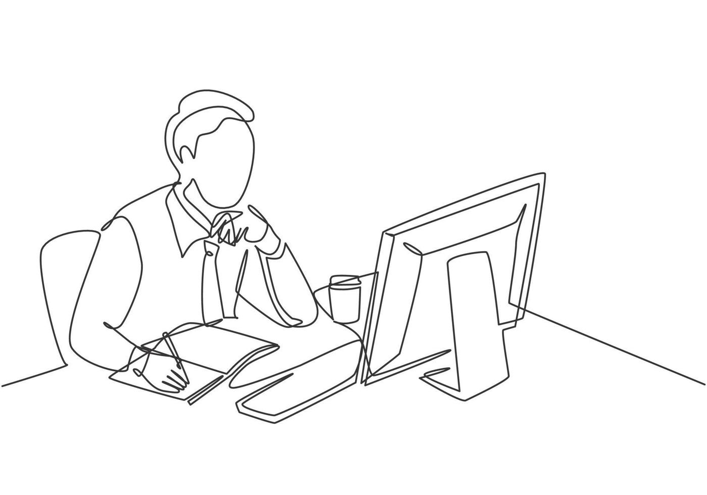 One single line drawing of young pensive businessman sitting and watching computer screen to analyze data company. Business analysis writing concept continuous line draw design vector illustration