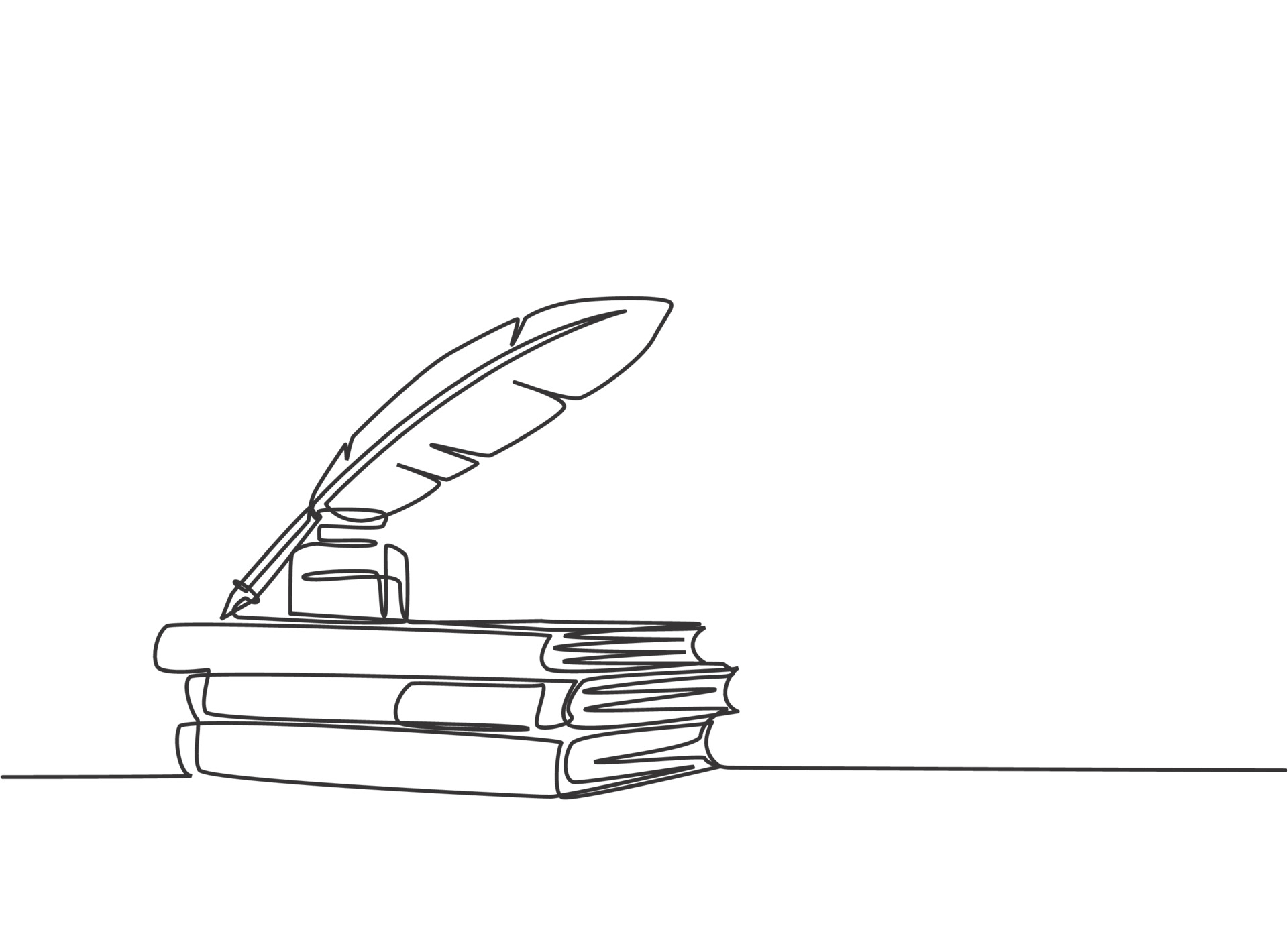 One continuous line drawing of stack of books, ink and quill pen on the
