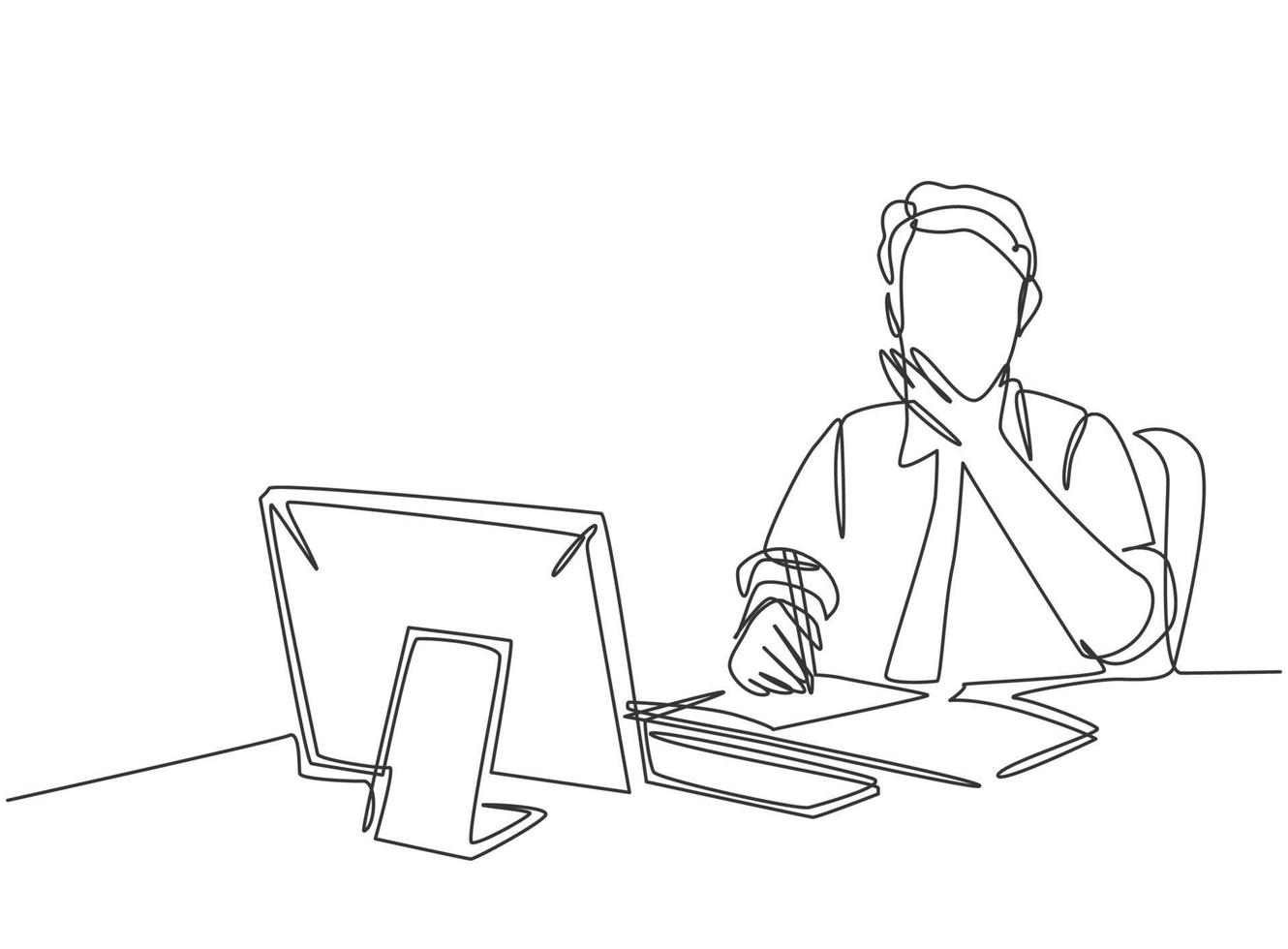 One single line drawing of young pensive businessman sitting and watching computer screen to analyze data company. Business analysis writing concept continuous line draw design vector illustration