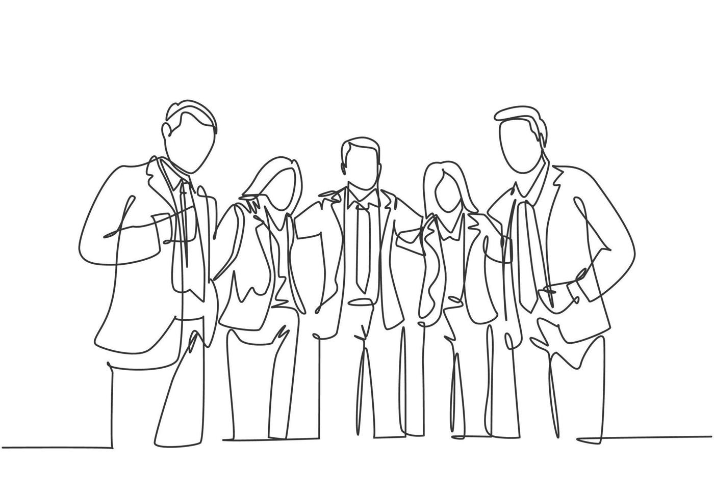 One continuous line drawing of young male and female business people from multi ethnic standing together and posing elegantly. Unity in diversity concept single line draw design vector illustration