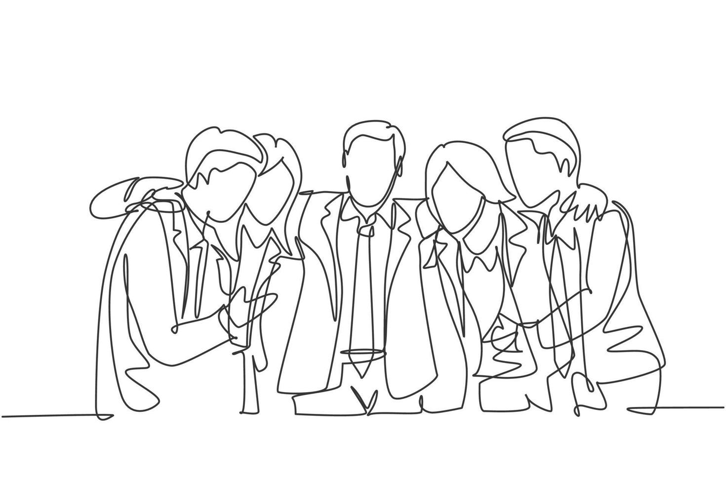 One continuous line drawing of young male and female business people posing hugging each other to celebrate their success. Business goal achievement concept single line draw design vector illustration