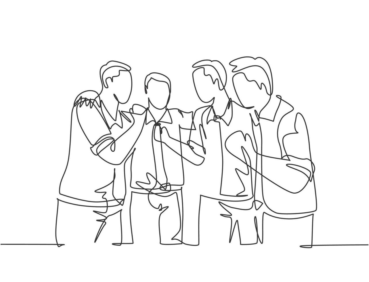 Single continuous line drawing of happy male team member cheering together and hugging each other to celebrate their success. Business team concept. One line draw design vector illustration