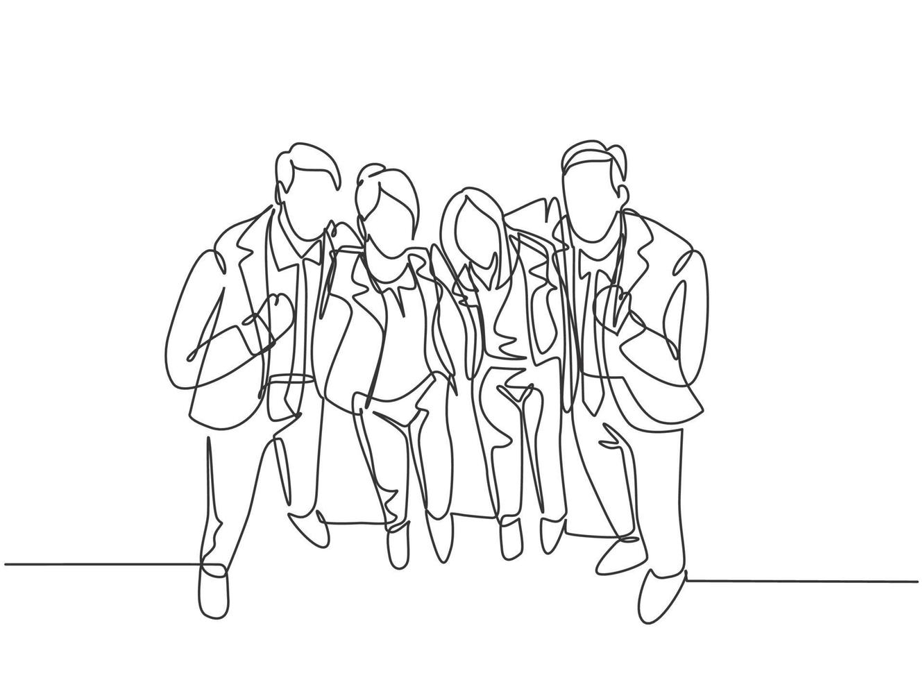 One continuous line drawing of young happy male and female employees standing together and posing to hug each other at office. Business friendship concept single line draw design vector illustration