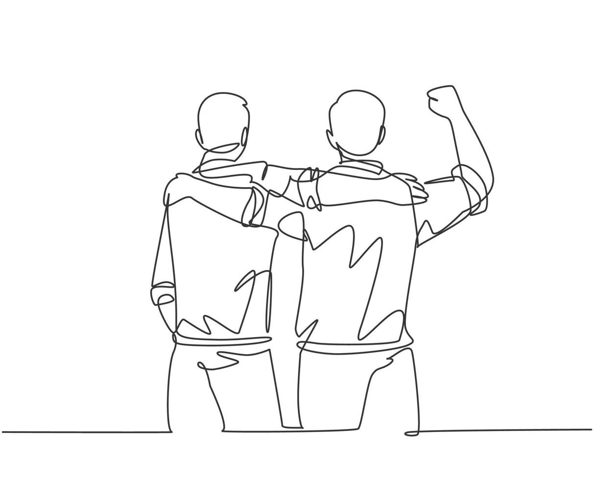 un dibujo de línea continua de dos trabajadores varones en la oficina abrazándose y apoyándose mutuamente para el éxito de su carrera. Ilustración de vector de diseño de dibujo de línea única de concepto de apoyo amigo