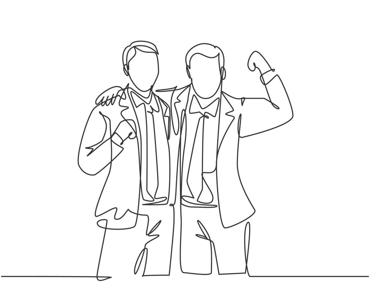 One continuous line drawing of two young happy businessmen at the office standing together and posing to hug each other. Business partner concept single line draw design vector graphic illustration