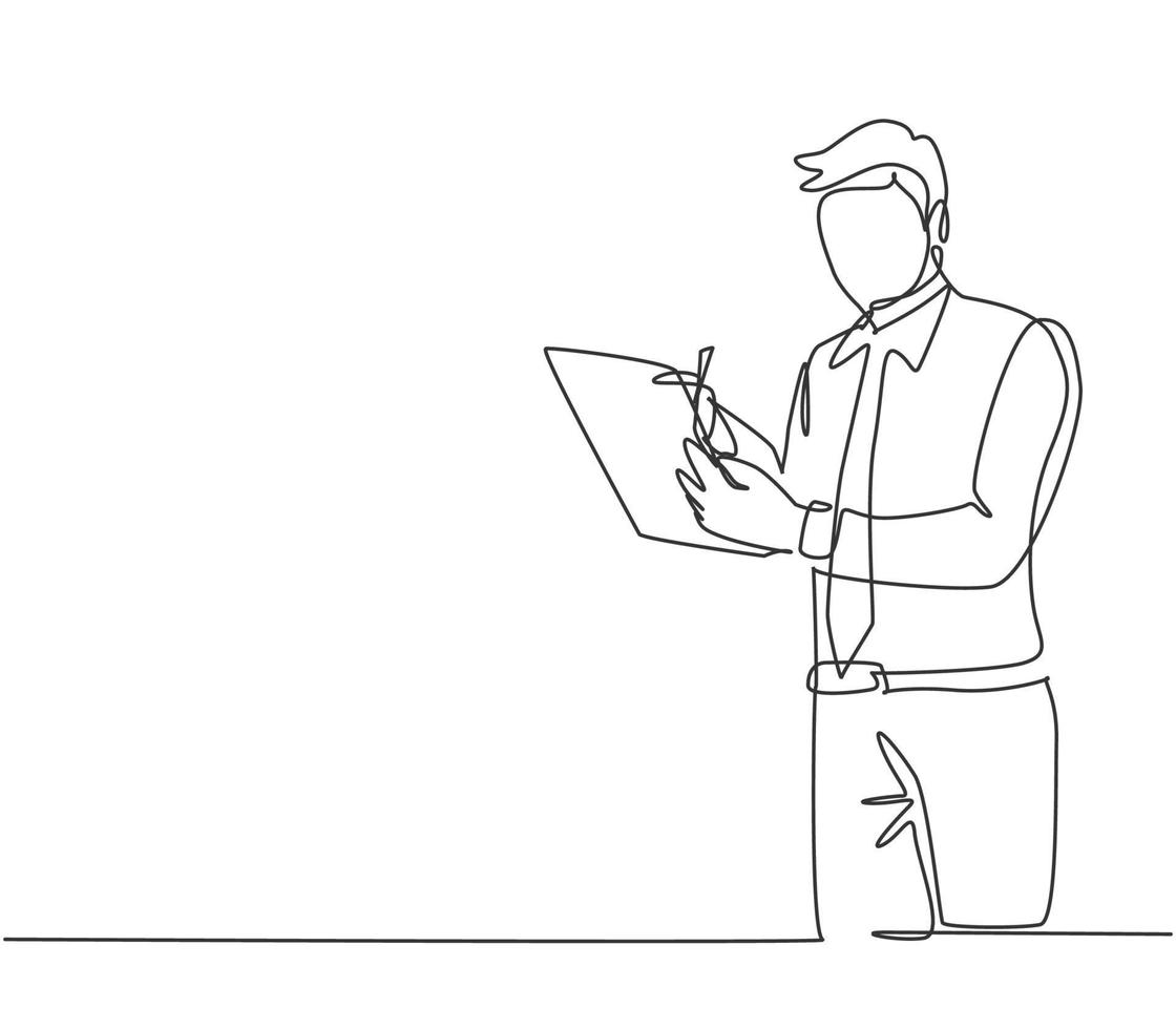 One continuous line drawing of young serious male manager standing and writing business proposal draft on clipboard. Business proposal concept. Single line draw design vector graphic illustration