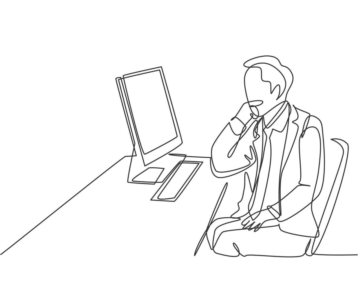 Single continuous line drawing of young startup CEO sitting on the chair and thinking while focus watching data on computer screen. Business analyze concept one line draw design vector illustration