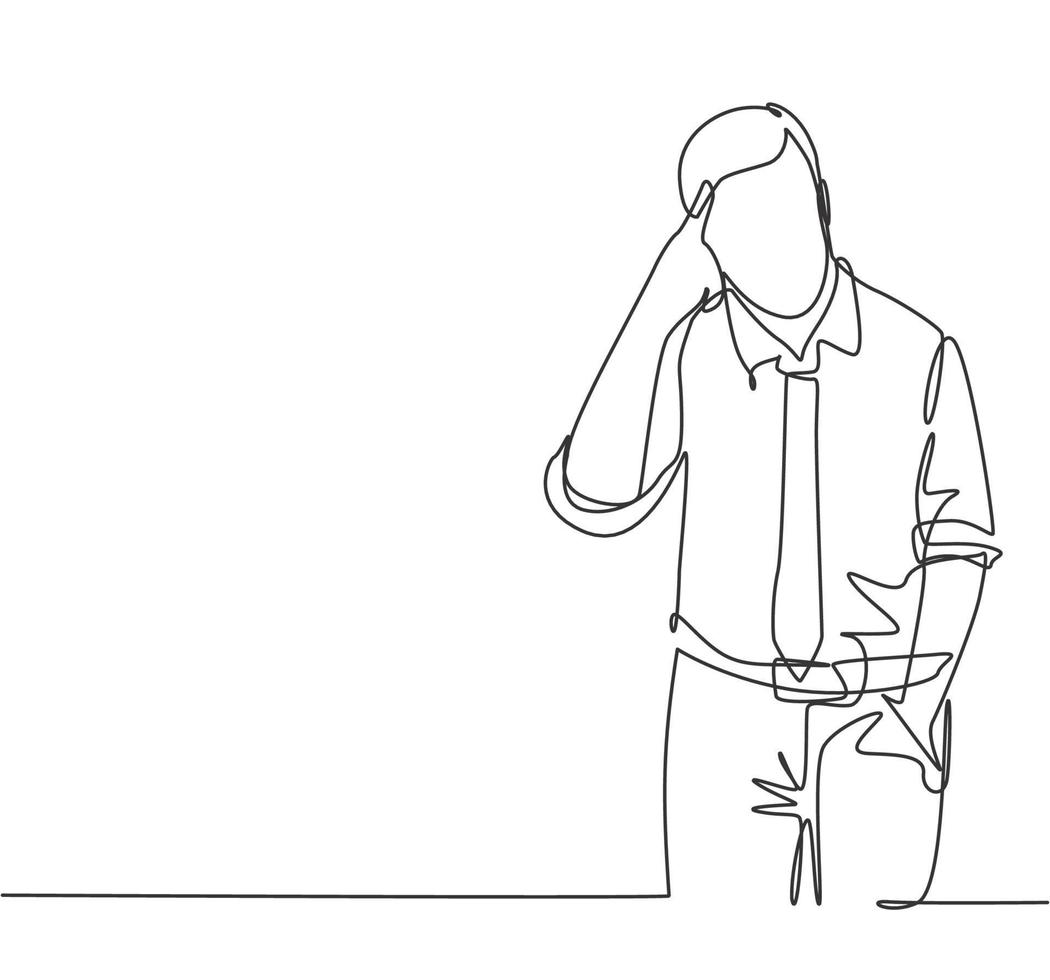One continuous line drawing of young confused worker standing and thinking solution for his job problem at the office. Think idea concept single line draw design vector illustration
