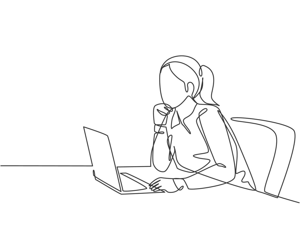 One single line drawing of young female employee sitting in front of the laptop and thinking business solution at the office. Business idea concept continuous line draw design vector illustration