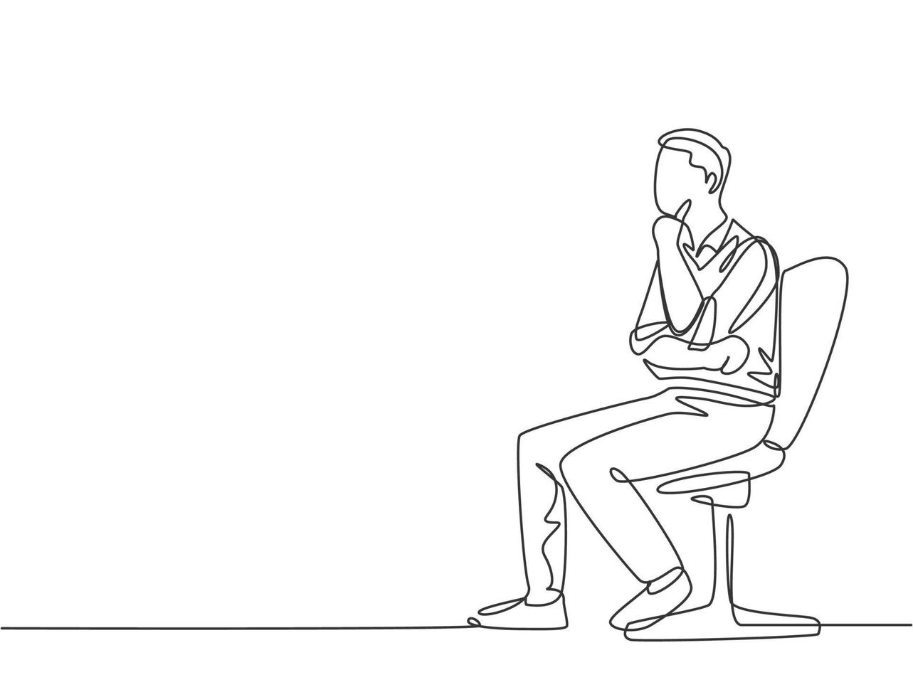 Single continuous line drawing of young male startup founder sitting on office chair and focus thinking company growth strategy. Business thinking concept one line draw design vector illustration