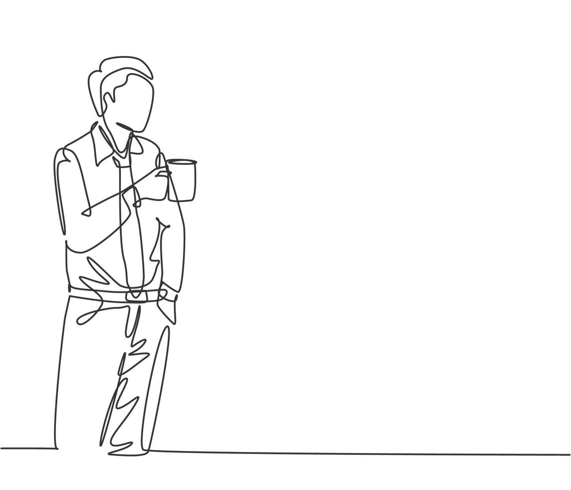 One continuous line drawing of young male worker standing and thinking his work while holding a cup of coffee during office break. Rest break at office concept single line draw design illustration vector