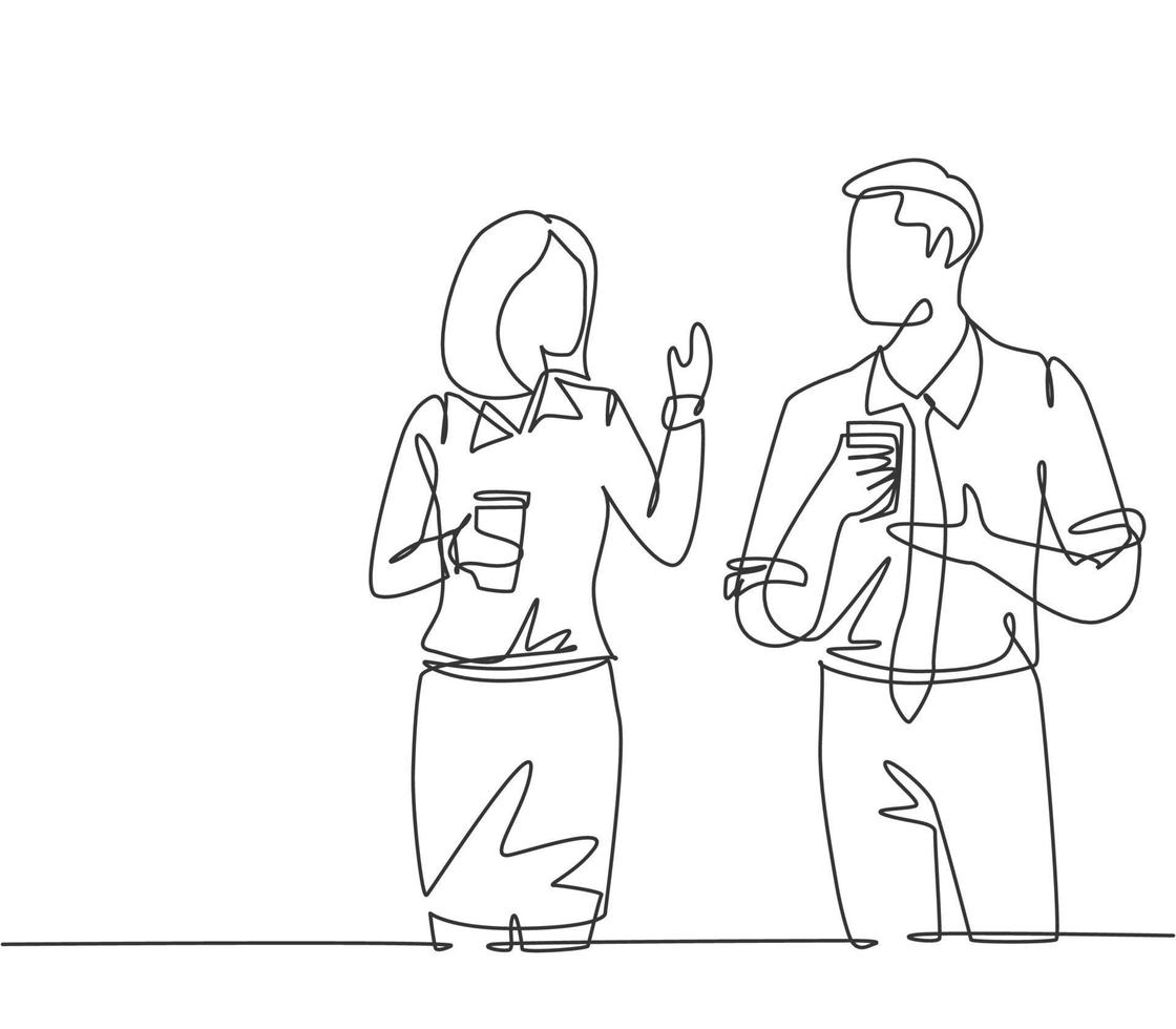 dibujo de línea continua única de dos trabajadores jóvenes, hombres y mujeres, sosteniendo un vaso de papel y charlando durante las vacaciones de oficina. descanso en el concepto de trabajo dibujar una línea diseño gráfico ilustración vectorial vector