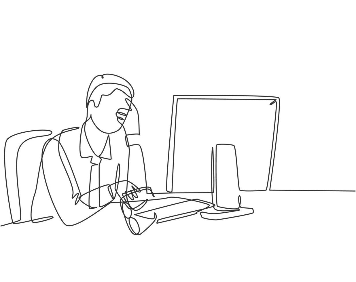 Single continuous line drawing of young tired male employee holding the glasses while working in the office. Work fatigue after job overload concept one line draw design vector graphic illustration