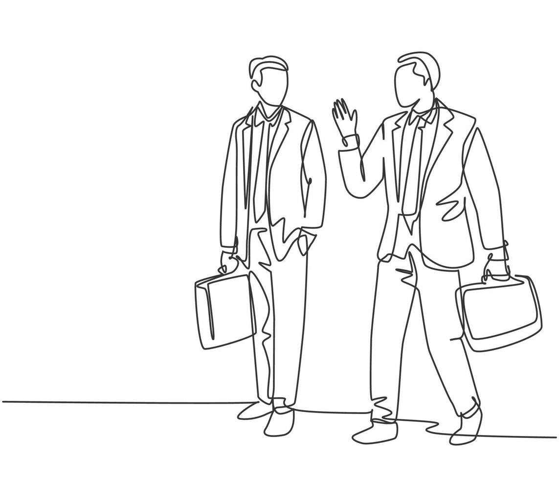 One single line drawing of two young company manager take a walk and talk together after office hour. Business conversation concept. Trendy continuous line draw graphic design vector illustration