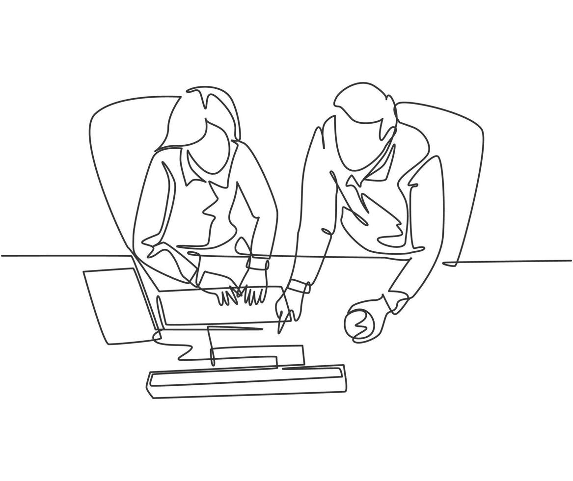 One continuous line drawing of young businessman and businesswoman talking new product launch while watching presentation on screen. Business talk concept single line draw design vector illustration