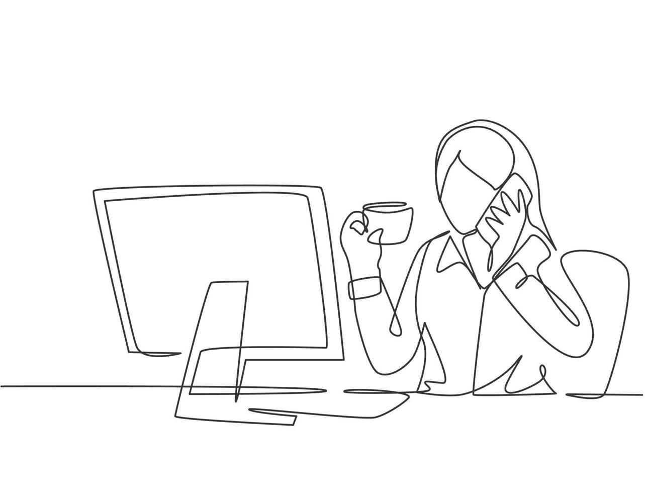 One continuous line drawing of young female employee drinking a cup of coffee and calling her friend using cellphone at the office. Phone talk concept single line draw design vector illustration