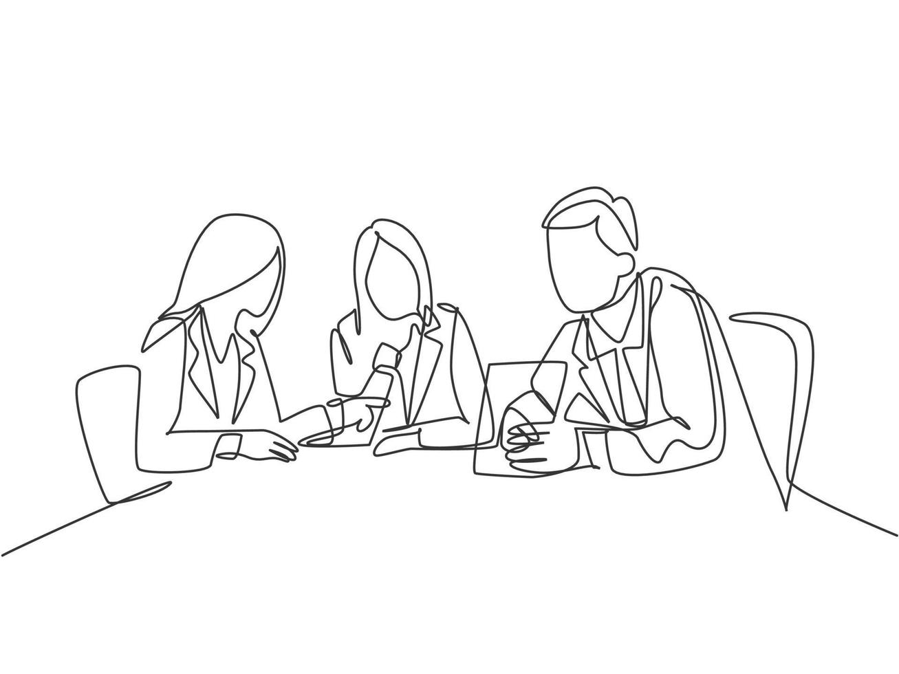 One single line drawing of young company founders brainstorming innovation ideas in a business meeting with colleagues. Startup process concept. Continuous line draw design graphic vector illustration