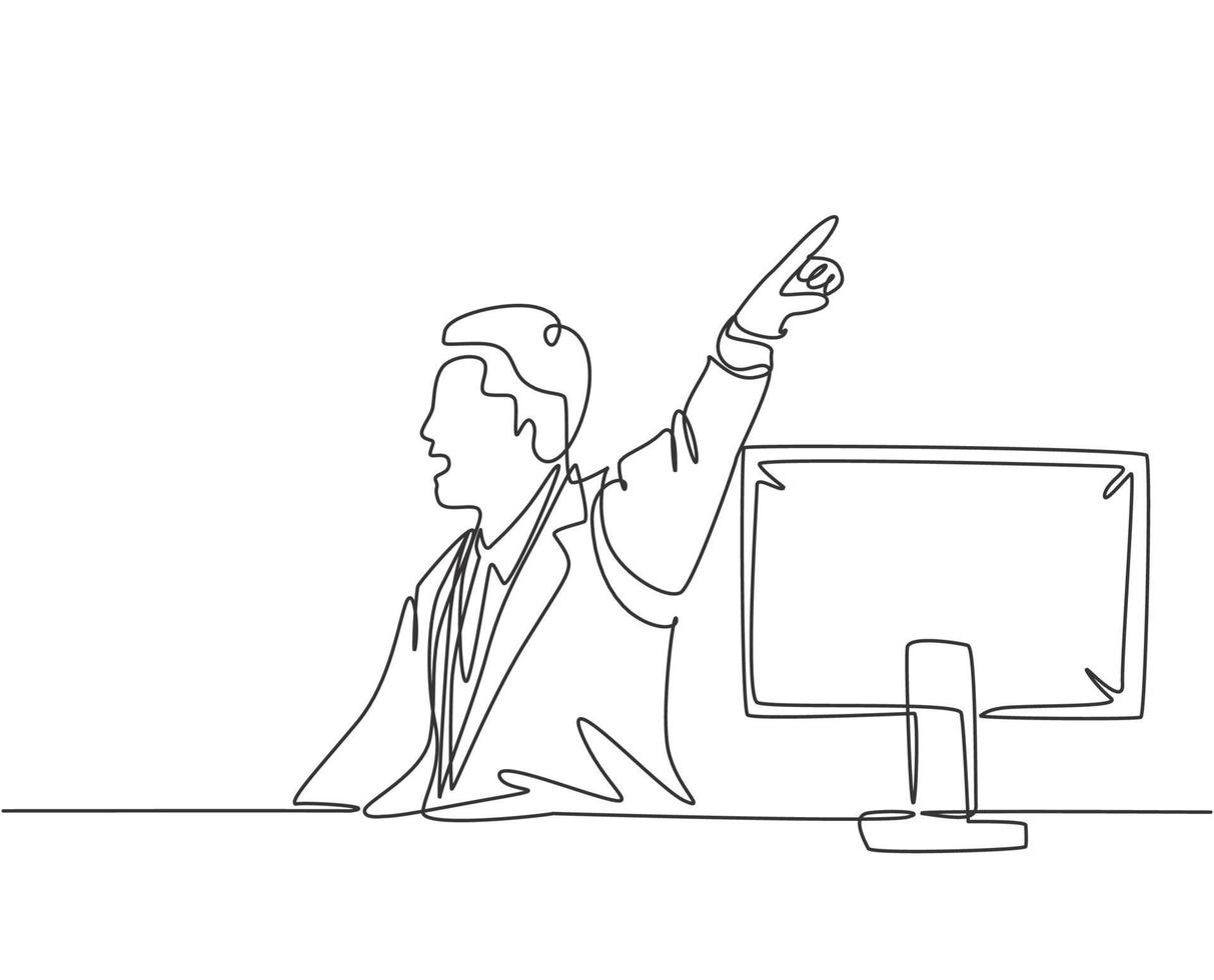 Single continuous line drawing of young angry manager yelling and pointing finger to staff. Anger management at office life concept. Modern one line draw design graphic graphic vector illustration