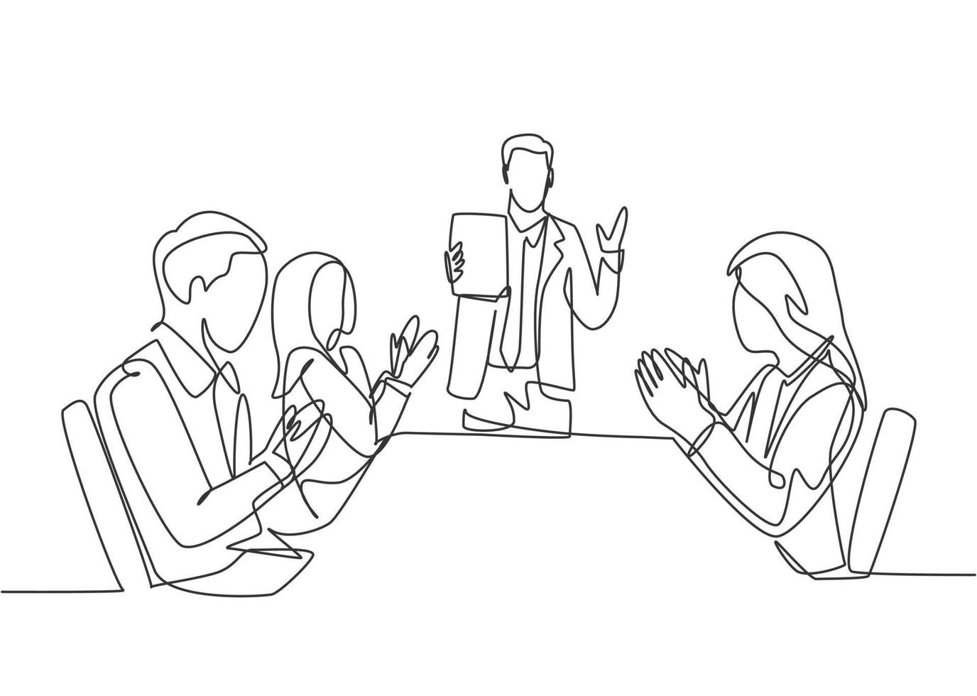 One single line drawing of young happy manager giving interpersonal skill lesson at team meeting in the office. Business presentation concept continuous line draw design vector illustration