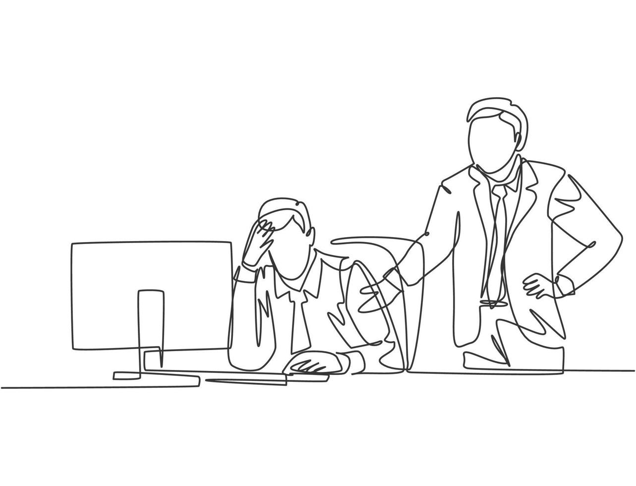 One continuous line drawing of young angry manager asking his depressed staff for an unfinished job. Work pressure at he office concept. Trendy single line draw design vector graphic illustration