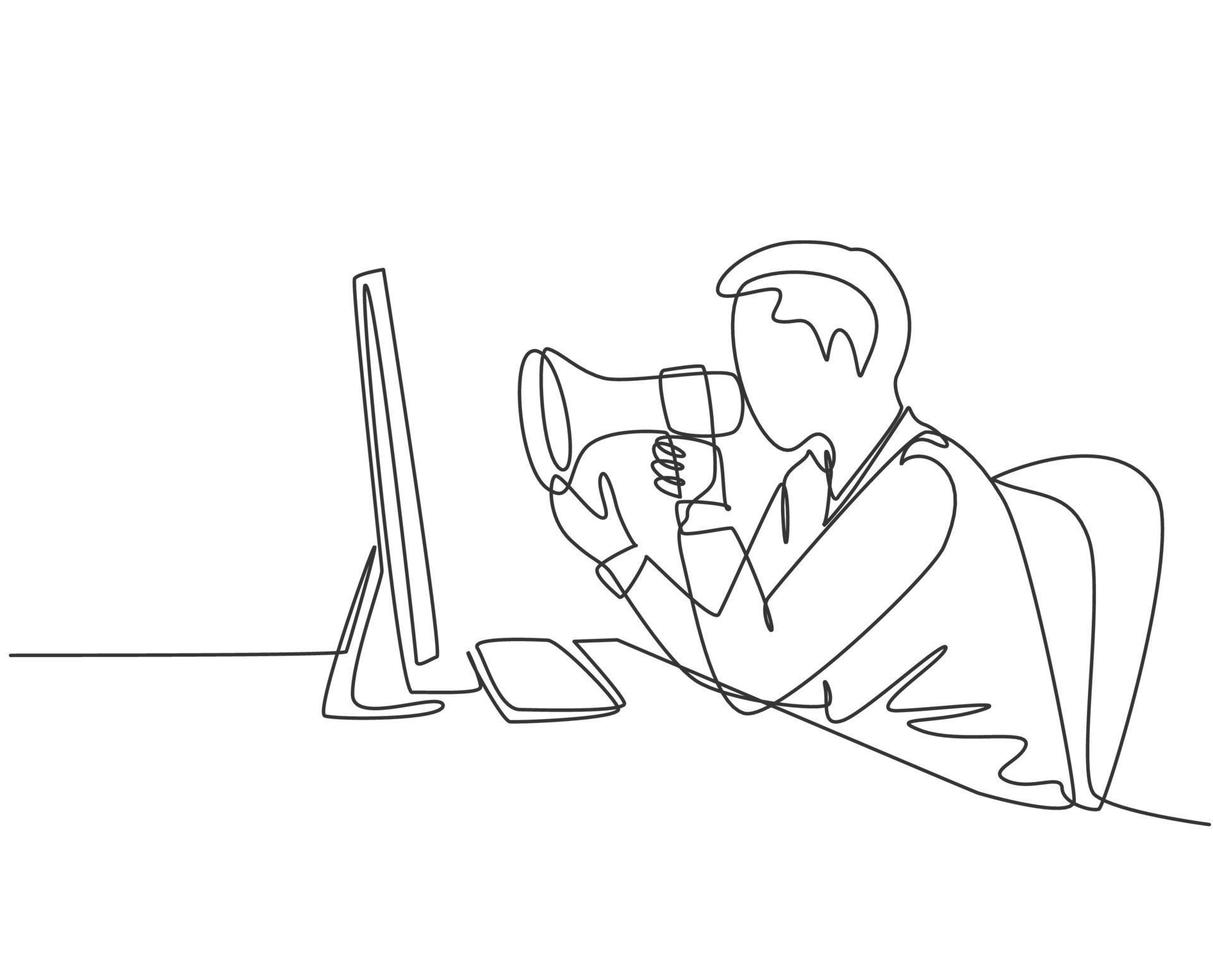 One continuous line drawing of young furious male manager screaming loud on monitor computer using megaphone. Work discipline at the office concept single line draw graphic design vector illustration