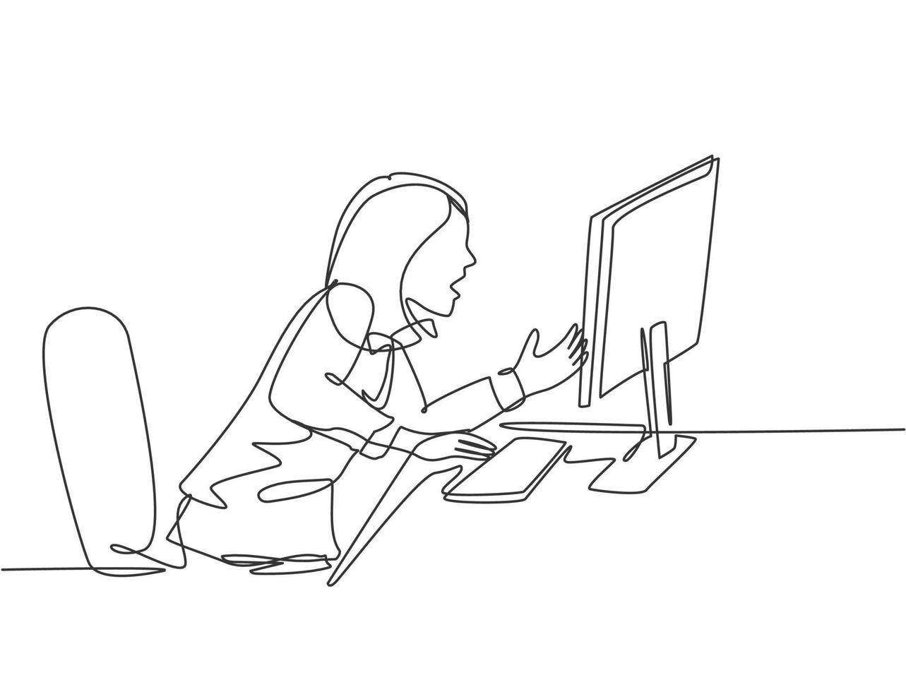 One continuous line drawing of young frustrated businesswoman yelling at computer monitor while she was sitting on work chair. Business problem concept single line draw design vector illustration