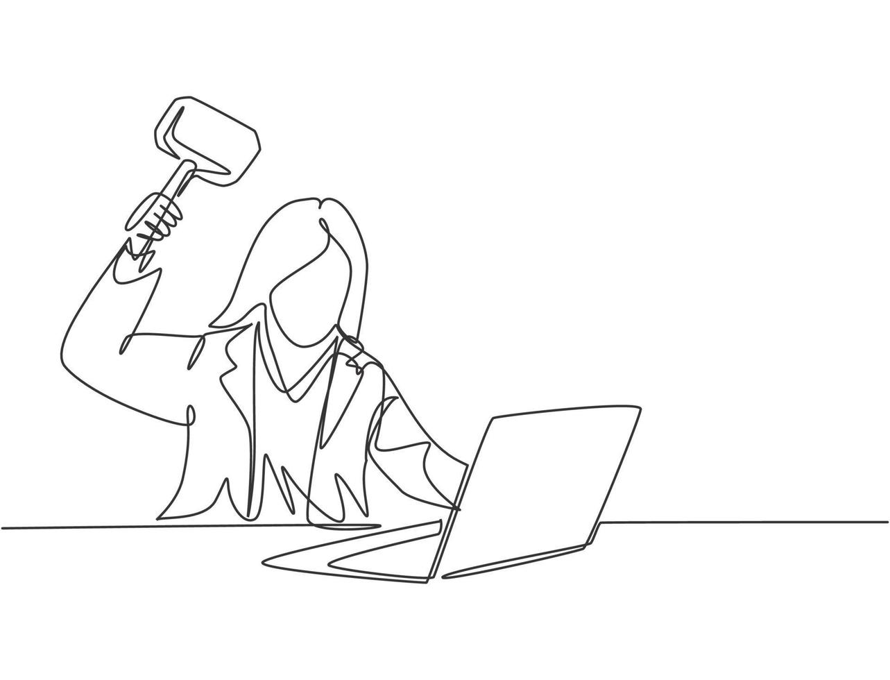 Single continuous line drawing of young rage businesswoman ready to smack her laptop using big hammer at the office. Business risk concept one line draw design vector graphic illustration
