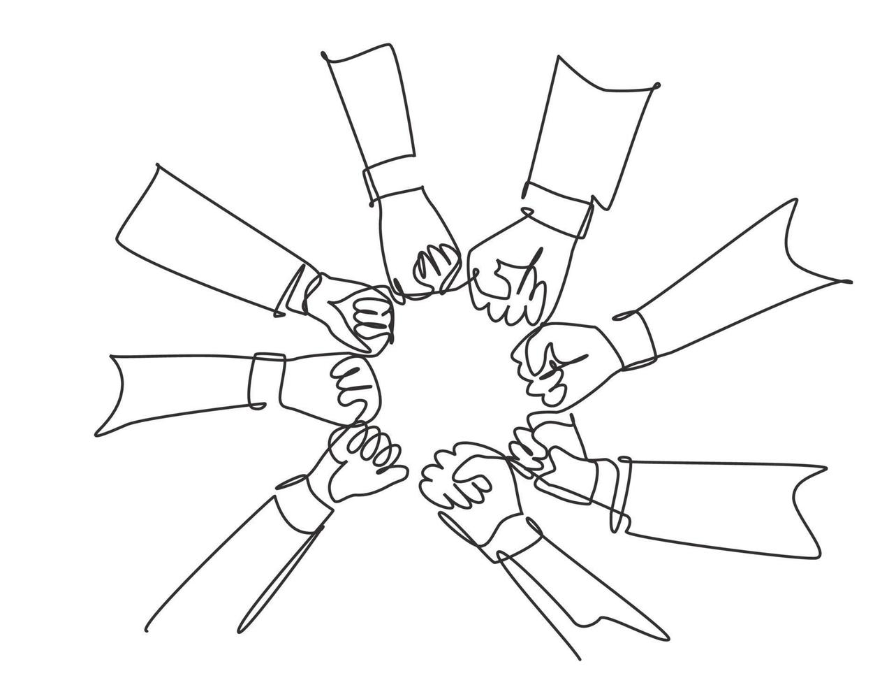Single continuous line drawing group of young business people unite their hands together to form a circle shape as a unity symbol. Teamwork concept one line draw graphic design vector illustration