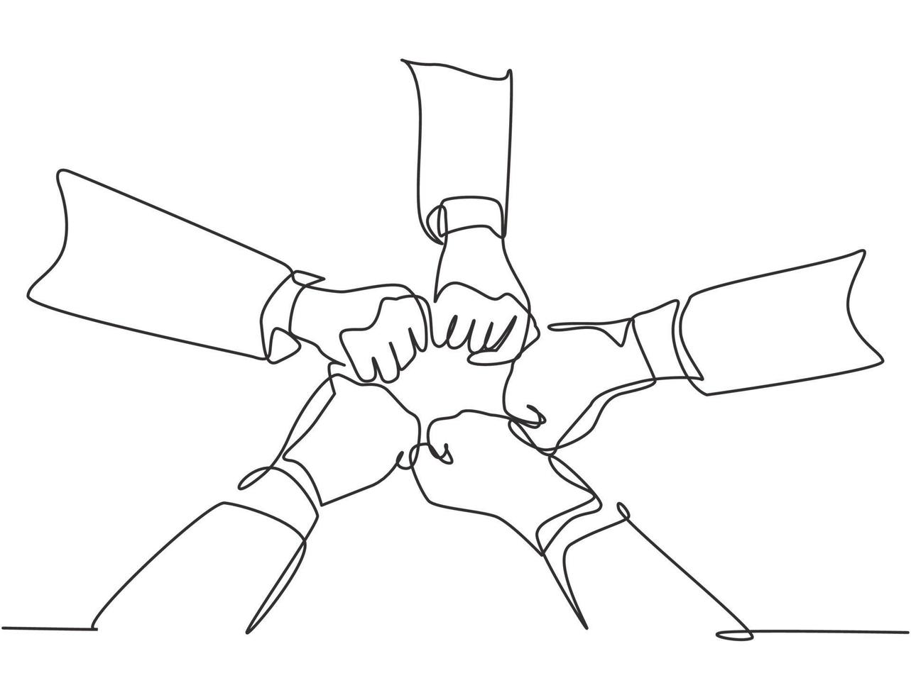 One continuous line drawing group of young male and female business people unite their hands together to form a five star shape. Unity teamwork concept single line draw design vector illustration