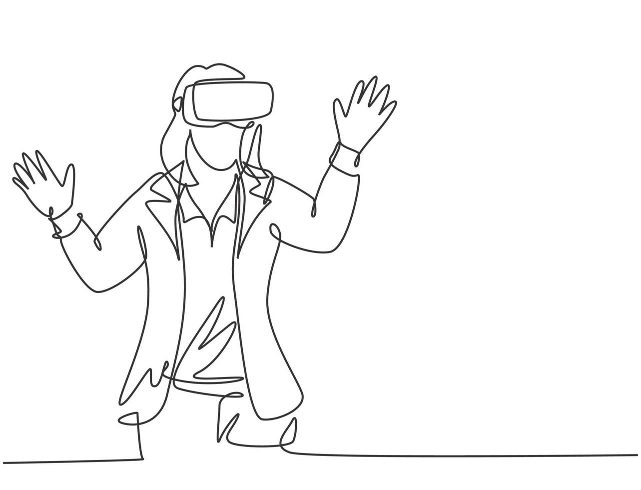 One single line drawing of young happy gamer business woman wearing virtual reality helmet and try to touch. Smart technology futuristic game concept continuous line draw design vector illustration