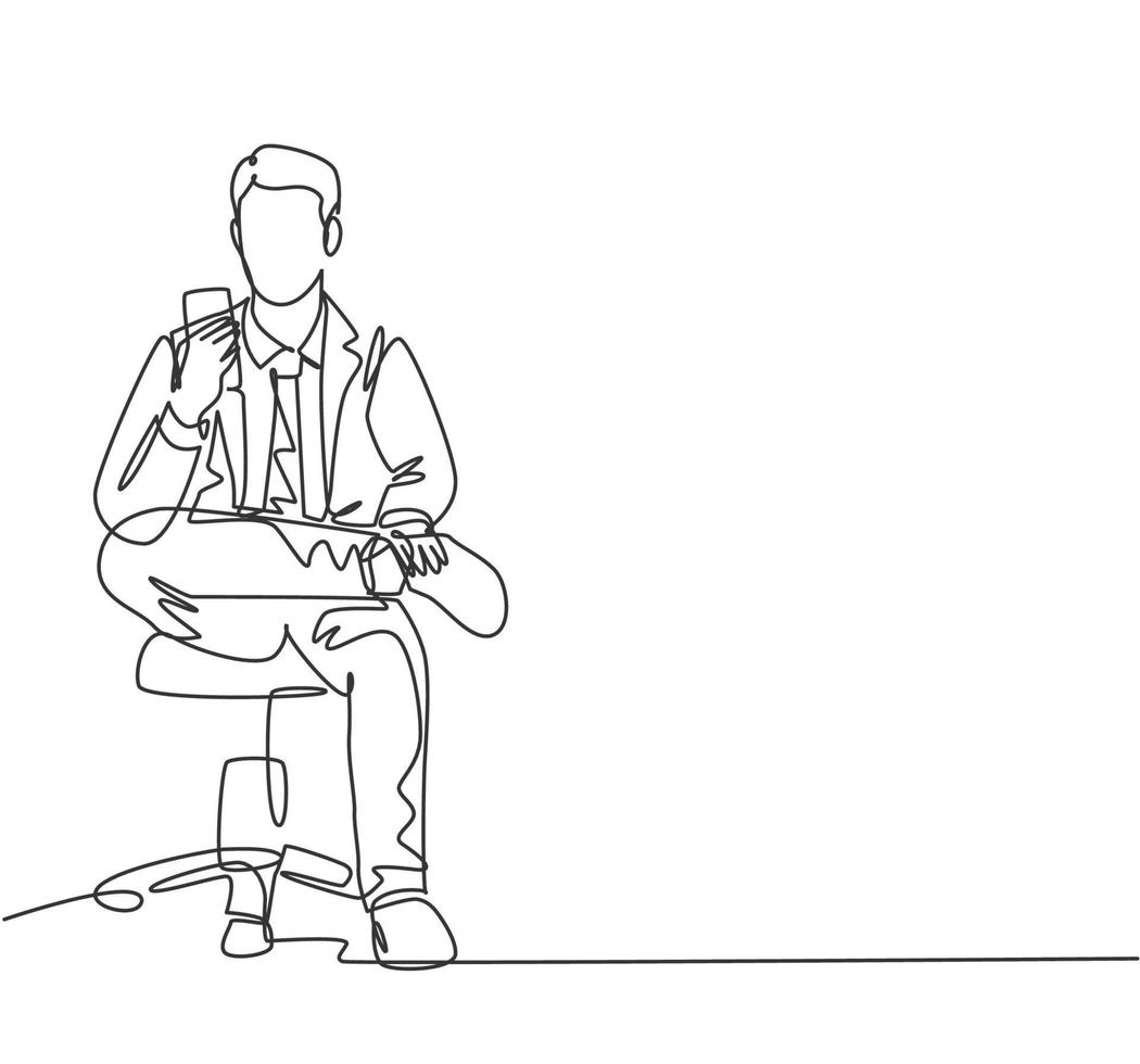 One single line drawing of young male manager touch smartphone screen during sitting relax on work chair and texting to partner. Work rest concept continuous line draw design vector illustration