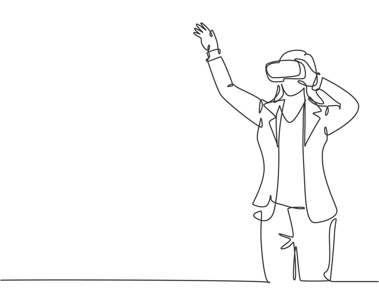 un dibujo de una sola línea de la joven empresaria feliz gamer con gafas de realidad virtual y señalar con el dedo. tecnología inteligente concepto de jugador de juego futurista diseño de vector de dibujo de línea continua