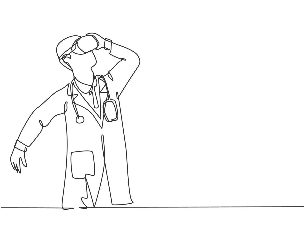 One single line drawing of young happy gamer male doctor playing virtual reality at the office. Smart technology futuristic game player concept. Trendy continuous line drawing graphic vector design