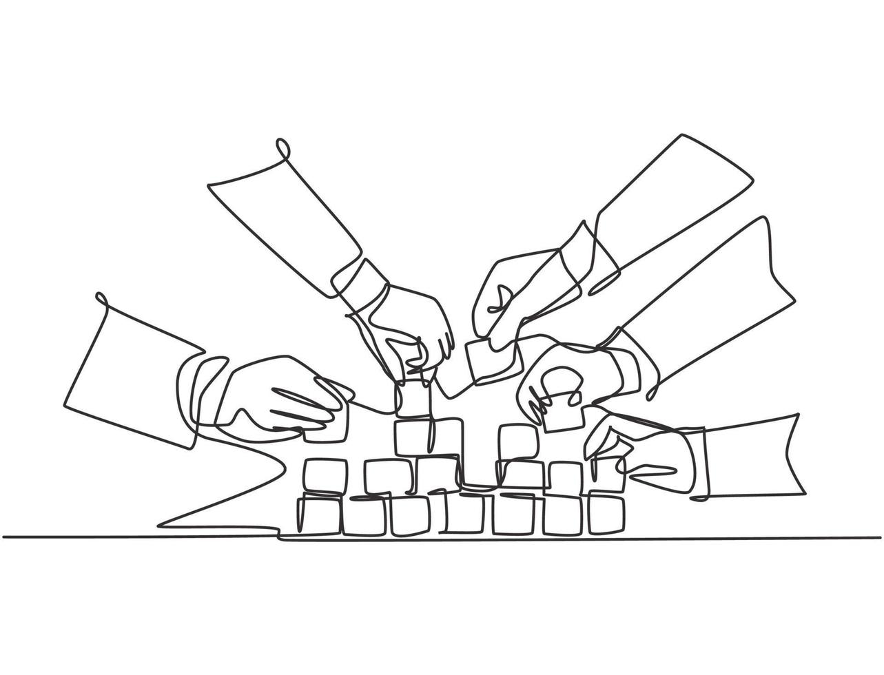 Single continuous line drawing of business team member arrange wooden cube block become sturdy tower together to improve team building. Teamwork concept one line draw design vector illustration