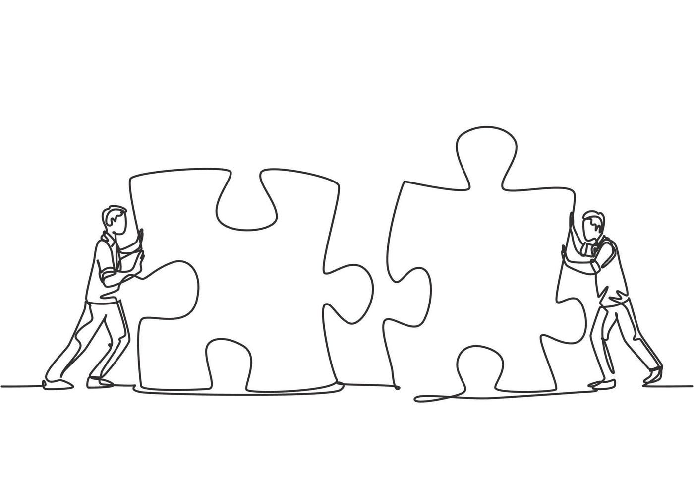 One continuous line drawing of two young businessmen push puzzle pieces to unite them as sign to start business collaboration. Modern unity teamwork concept single line draw design vector illustration