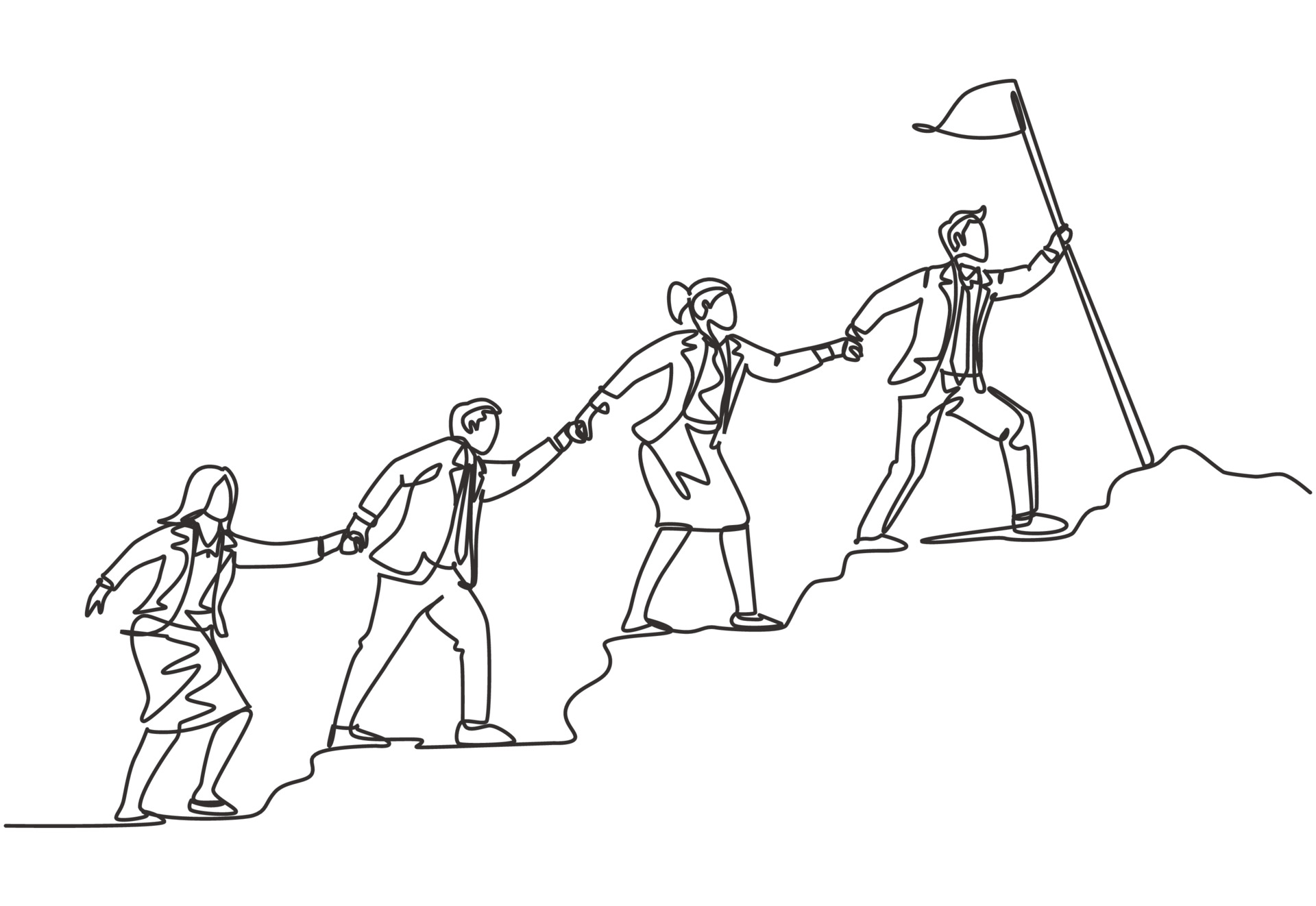 One continuous line drawing of male and female team member stick