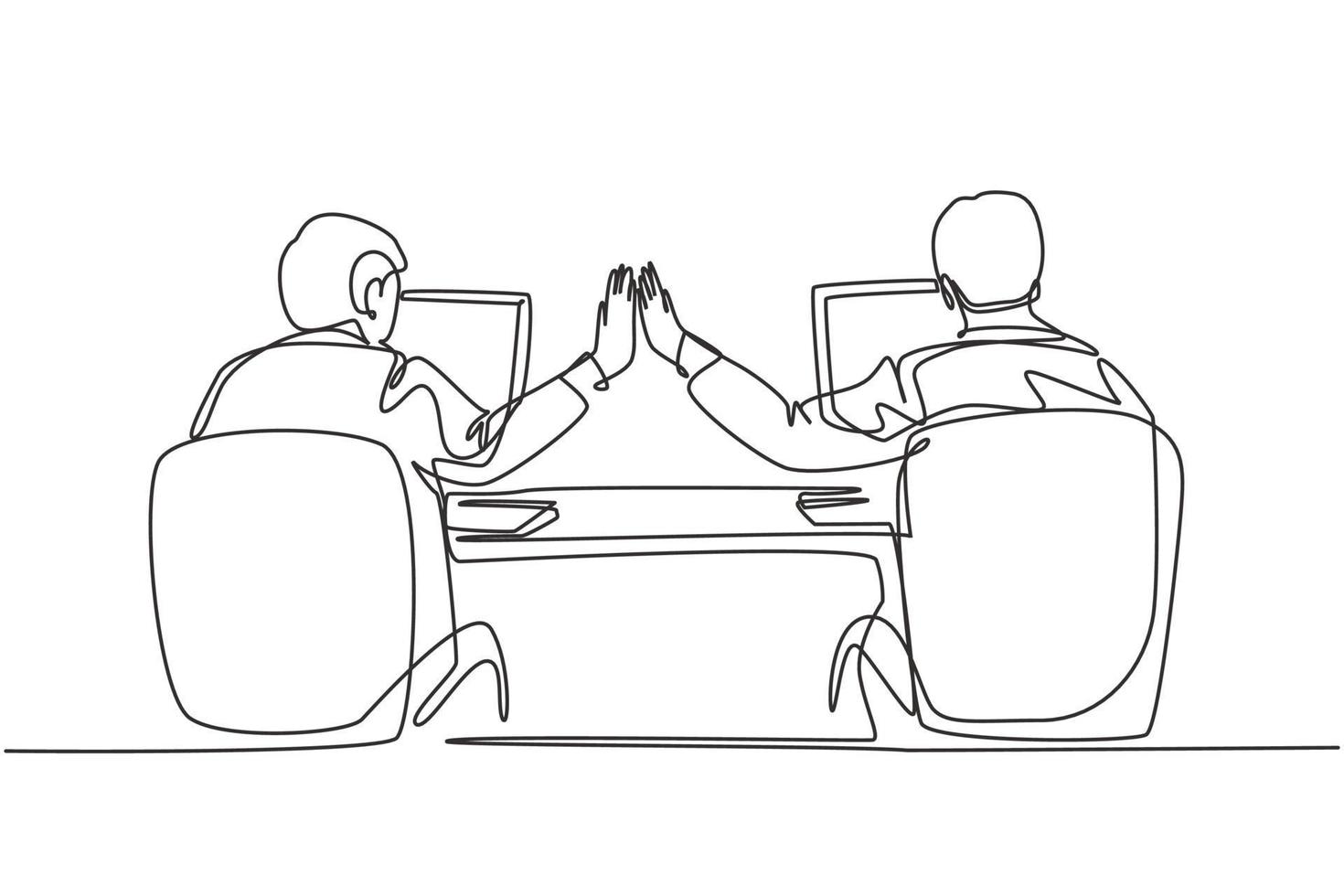 One continuous line drawing of two young happy business men high five when they knew the project running smoothly. Trendy business teamwork concept single line draw design graphic vector illustration