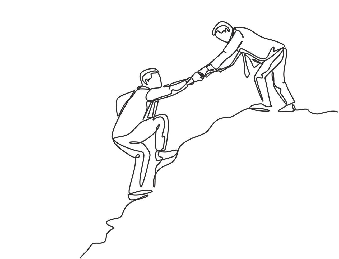 Single continuous line drawing of young male energetic businessman holding hands his partner to help climbing the hill. Trendy teamwork support concept one line draw graphic design vector illustration