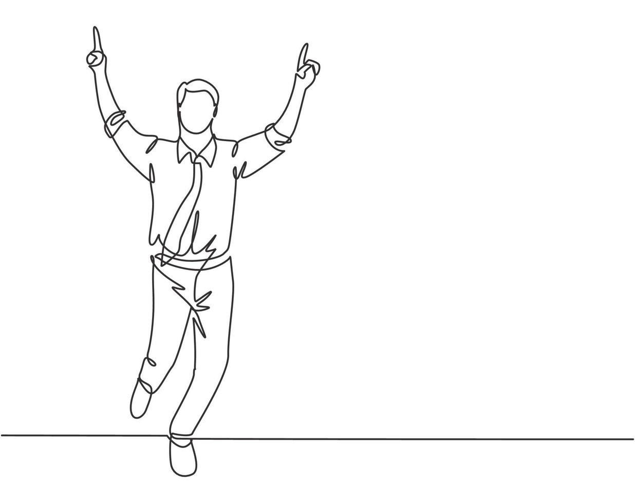 One continuous single line drawing of young happy businessman pointing his finger to the air after running cross the finish line. Business race concept single line draw design vector illustration