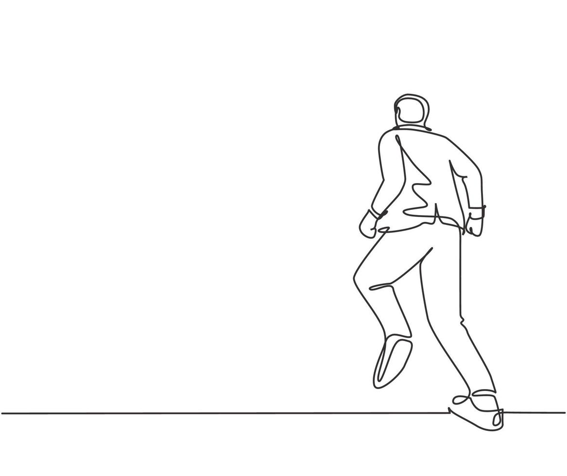 One continuous single line drawing of young energetic male manger doing jogging run exercise to go to the office, from rear view. Business race concept single line draw design vector illustration