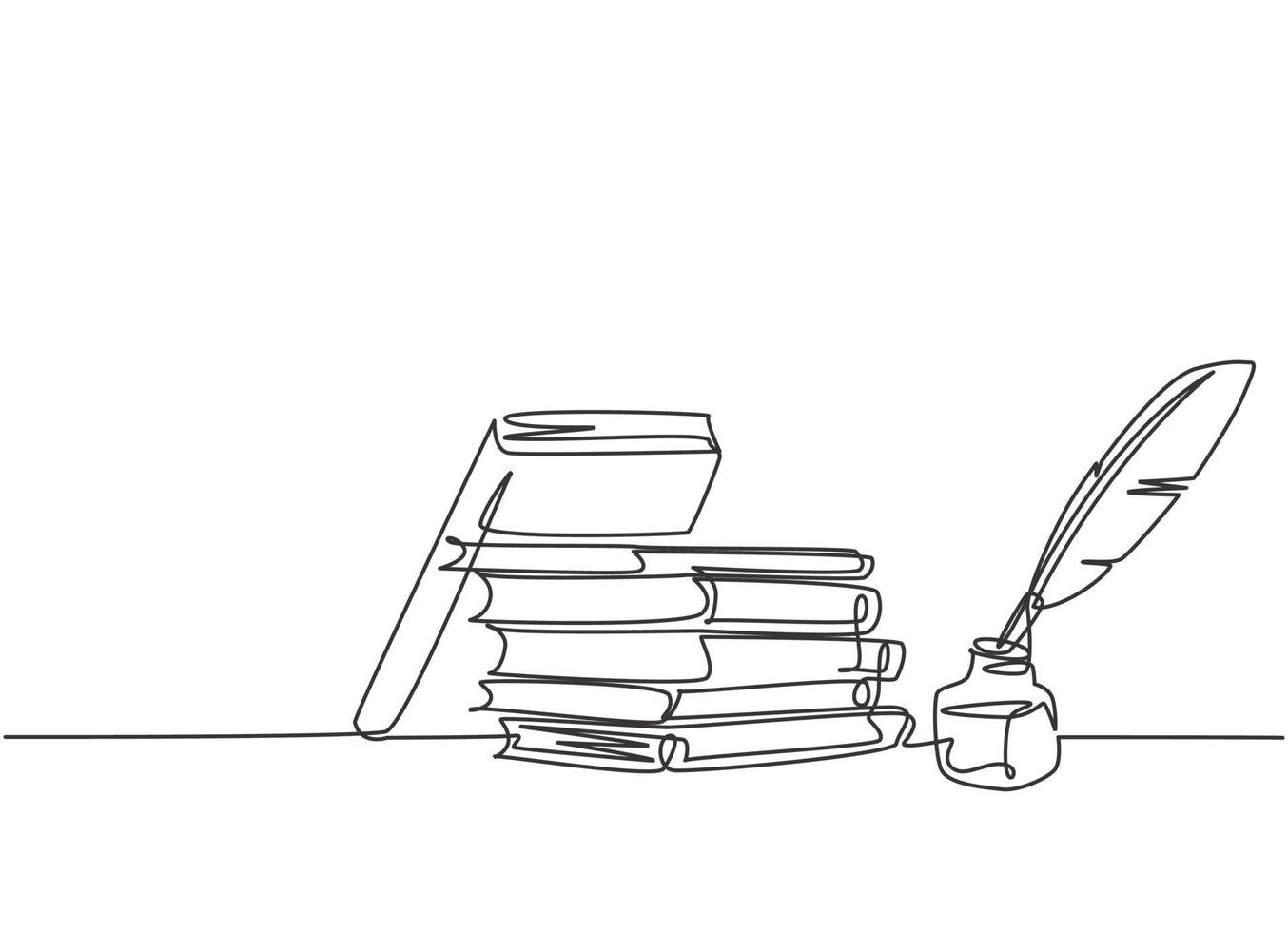 Single continuous line drawing of stack of books, ink and quill pen on the office desk. Old antique writing equipment concept. Modern one line draw design vector graphic illustration