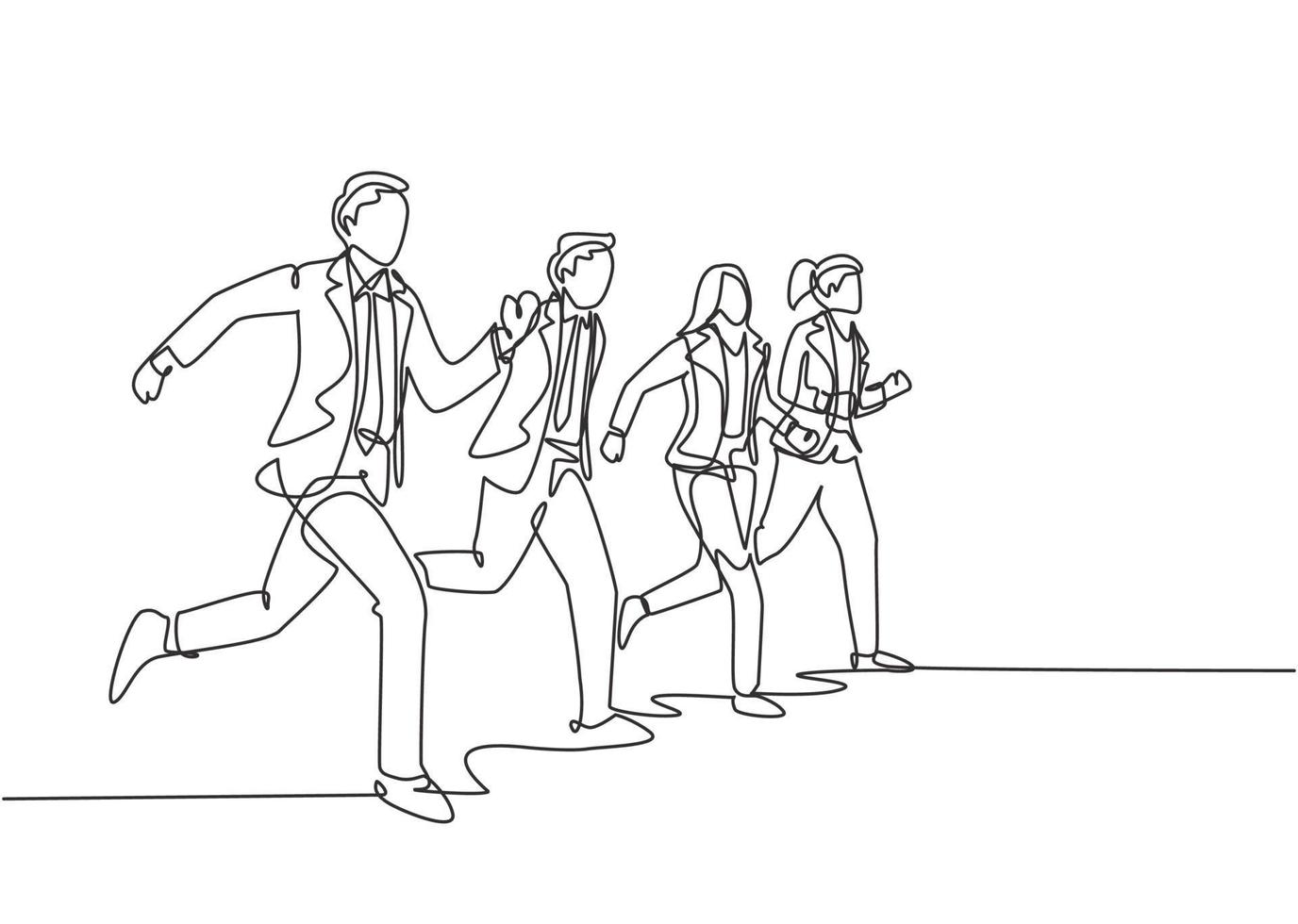 Single continuous single line drawing group of urban commuter workers walking and running to get to the office on time. Urban employee in a rush concept one line draw design vector illustration