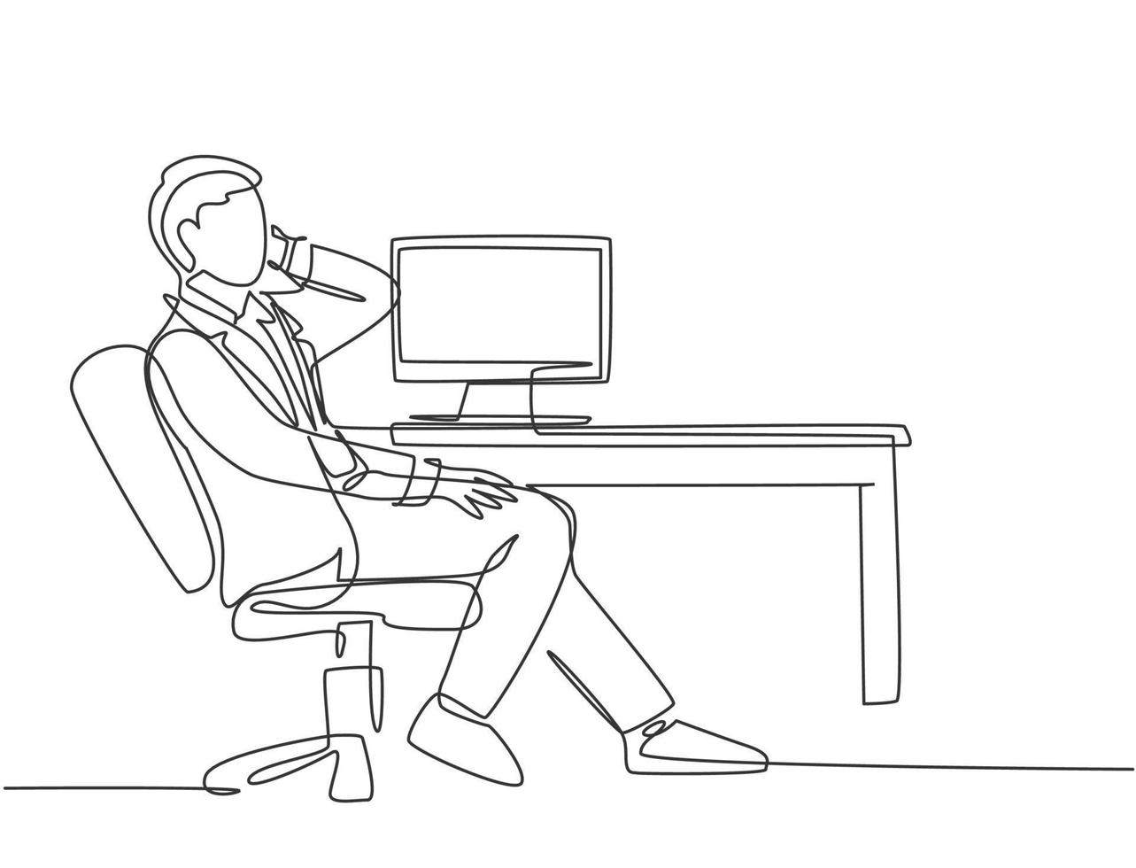 Single continuous line drawing of young male director sitting on work chair and calling his managers in front of computer. Business talk concept one line draw design vector graphic illustration